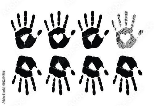 Collection of Black Handprints and Fingerprints with Heart Shapes