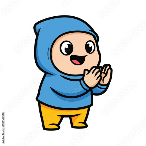Cartoon character in blue hoodie and yellow pants making a gesture