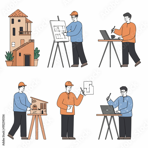 Architects and Engineers: Professionals engaged in residential and commercial building design, planning, and construction, showcasing blueprints, models, and digital tools.