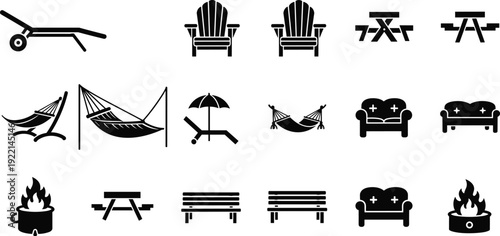 Outdoor Garden Furniture Icons Set Featuring Patio Chairs Picnic Tables Hammocks Lounge Seats Benches and Fire Pits for Backyard Leisure Exterior Design Silhouette Illustration Vector