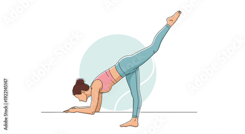 Woman practicing yoga standing split pose with leg raised high while wearing a pink top and blue leggings in a gym.
