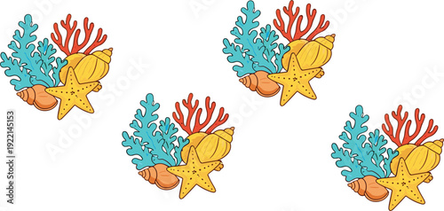 Starfish seashell and coral composition flat vector illustration tropical ocean marine decorative element collection set