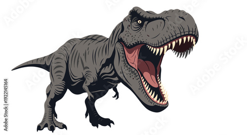 Menacing Tyrannosaurus Rex dinosaur stands with its powerful jaws wide open displaying sharp teeth in a pre-historic pose.
