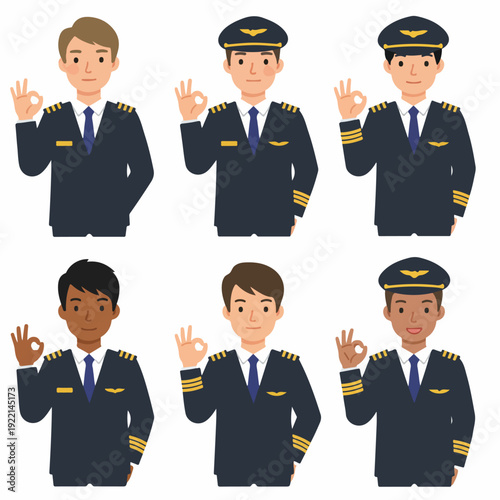 Diverse group of male pilots and aviators in uniform giving the OK hand sign, ready for flight and professional service.