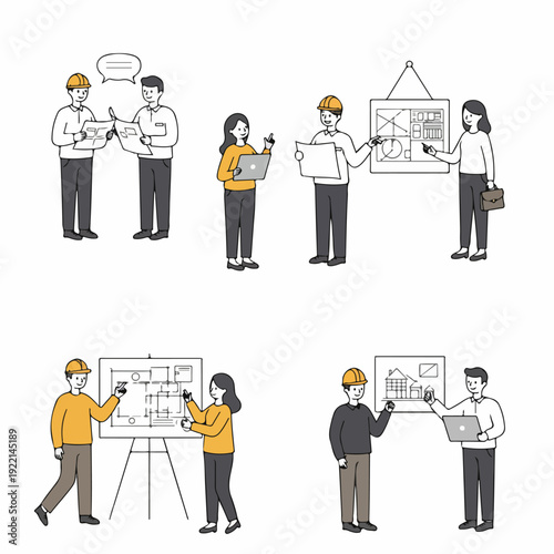 Professional architects and engineers reviewing blueprints, discussing designs, and planning new construction projects, showcasing teamwork and development in a simple cartoon style.