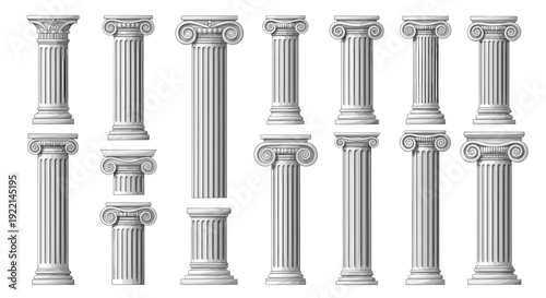 Collection of classical architectural columns and pillars in various sizes and proportions inspired by ancient greek design.