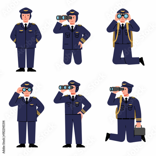 Male Pilot Character Set: Professional Aviator in Uniform with Binoculars, Backpack, and Briefcase.