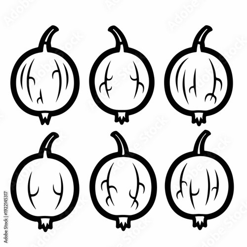 Six simple black and white outline gooseberry icons, ideal for healthy eating, fresh produce, and natural food design elements.