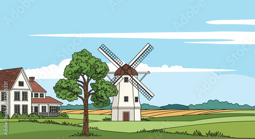 Peaceful rural landscape featuring a white traditional windmill a farmhouse and green fields under a bright blue summer sky.