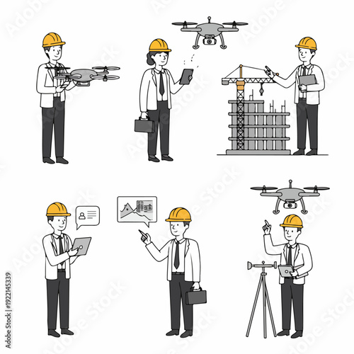 Modern engineering professionals harnessing drone technology and digital tools for efficient construction site inspection, surveying, and project development.