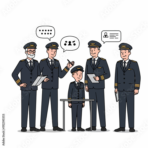 Diverse group of pilots and a young aspiring aviator in uniform discussing, symbolizing aviation teamwork, mentorship, and career growth.