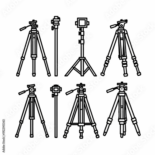 Set of various photography tripods and light stands, simple line art illustrations on a clean white background, essential studio equipment.