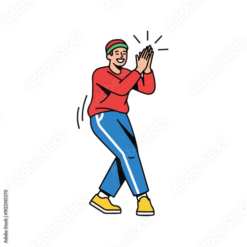 Man in red sweatshirt and blue pants clapping with motion lines