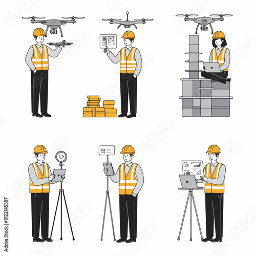Construction workers and engineers utilize drones, tablets, and laptops for site inspection, surveying, and data analysis.