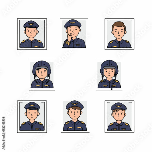 Cartoon style avatars of male pilots in various uniforms and headwear, including caps and flight helmets, depicting aviation professionals.