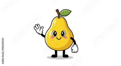 Cute cartoon pear character with a happy smiling face and big eyes waving a gloved hand on a white background.
