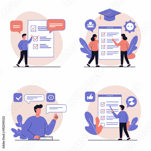 Flat design illustrations for online learning, task management, surveys, and educational achievements with interactive elements and people.