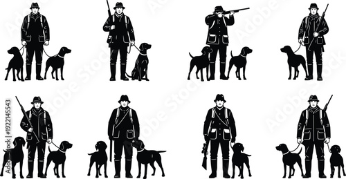Professional Hunter Silhouettes Set Featuring Men with Rifles and Loyal Hunting Dogs for Outdoor Sporting Adventure Wildlife Pursuit Game Season Activities Vector Illustration