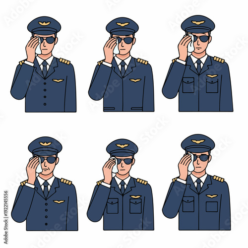 Collection of pilot illustrations wiping sweat or tears, depicting various states of emotion or fatigue within aviation.