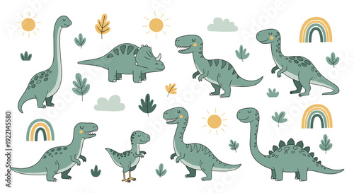 Adorable collection of various cartoon dinosaur species including long necks and triceratops with rainbows and suns.