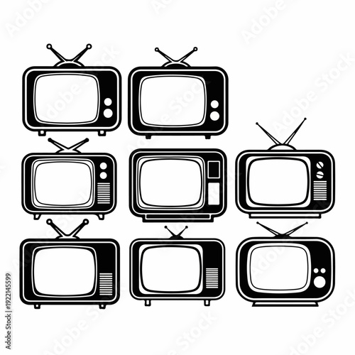 Collection of nine retro black and white television sets with antennas, showcasing vintage entertainment technology and nostalgic media icons.