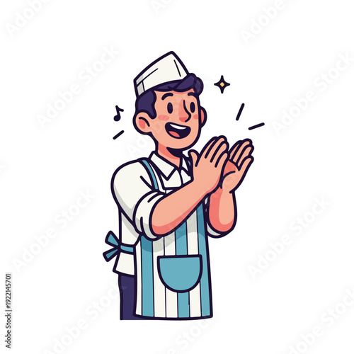 Smiling service worker clapping with sparkles around head