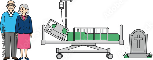 Senior Elderly Couple Standing Next To Empty Hospital Bed And Gravestone Representing Life Cycle Aging Process Illness Bereavement End Of Life Care And Funeral Planning