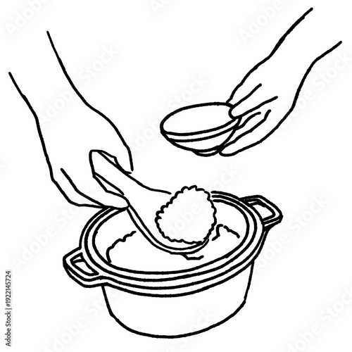 お鍋からご飯をよそう手元のイラスト 