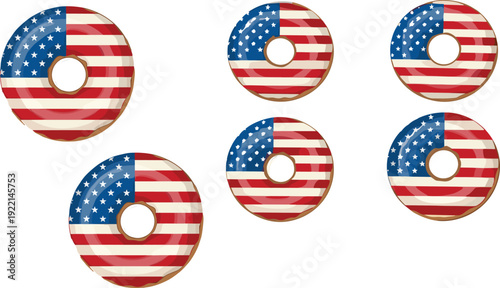 USA flag donut vector illustration patriotic American dessert collection independence day sweet bakery food set