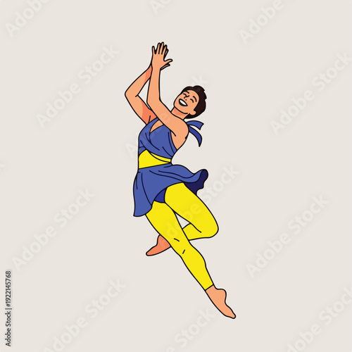 Woman in blue and yellow outfit dancing energetically alone