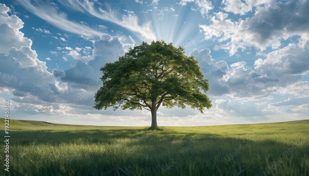 Fototapeta premium Solitary majestic green tree standing alone in sunlit golden field under dramatic blue sky with clouds