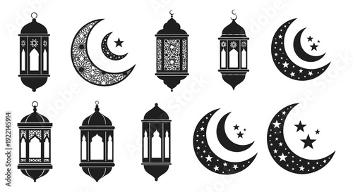 A collection of black and white islamic lanterns and crescent moons arranged in a decorative pattern high quality