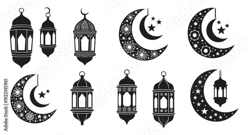 A collection of black and white islamic lanterns and crescent moons representing ramadan and cultural themes high quality