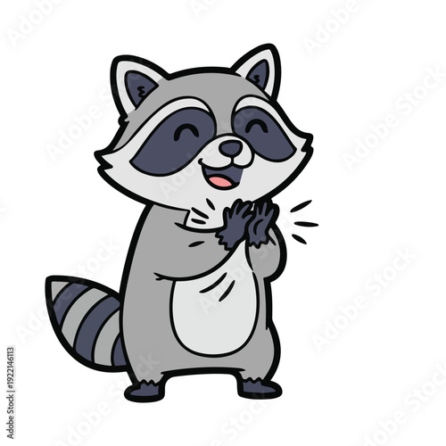 Cute cartoon raccoon standing on hind legs with hands together