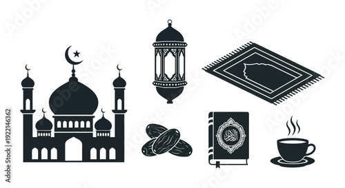 A collection of islamic symbols including a mosque lantern prayer rug dates and coffee high quality professional detailed
