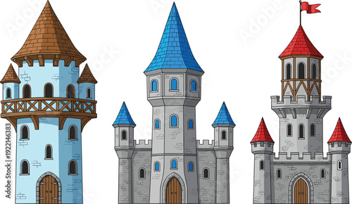 Set Of Medieval Fantasy Castle And Fortress Tower Illustrations Featuring Blue Red Tiled Roofs Stone Walls Flag And Wooden Doors For Gaming Architecture VectorV