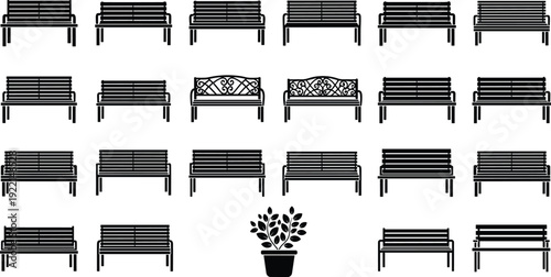 Set Of Park Bench Silhouettes Featuring Various Outdoor Wooden And Metal Garden Seating Designs For Public Spaces Backyard Patio Furniture Landscapes Isolated Vector Illustration