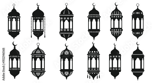 A collection of intricately designed black silhouettes of traditional islamic lanterns and crescent moons high quality professional detailed