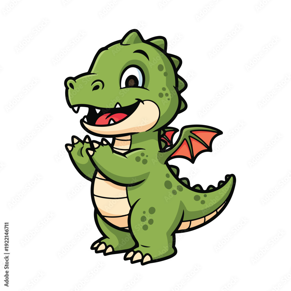 Fototapeta premium Green cartoon dragon with orange wings smiling happily