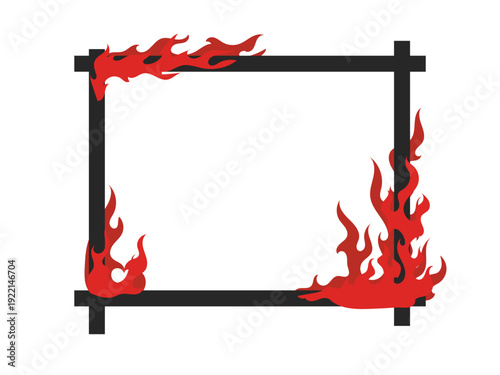 Wood frame on fire, wooden carbon with fire flames