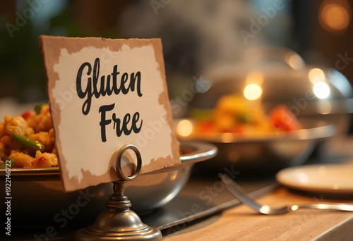 Gluten free sign standing at restaurant buffet