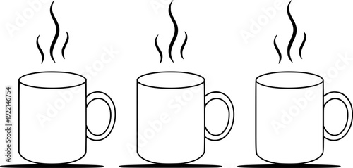 Three steaming mugs of hot beverage, simple line art illustration