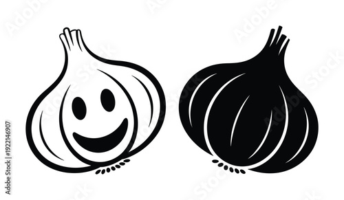 Two Garlic Bulbs, One with a Smiling Face, Isolated on White