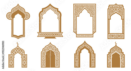An assortment of intricately detailed golden brown islamic architectural arches and window frames are displayed high quality professional detailed