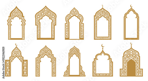 An array of ornate golden islamic arches and decorative window frames are displayed on a white background