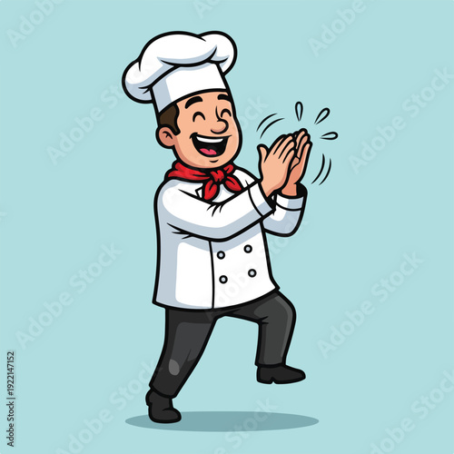 Cheerful chef in white uniform clapping hands happily
