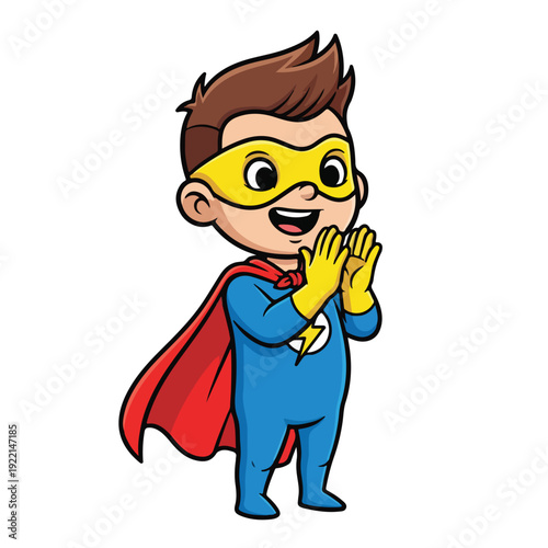 Cute boy in superhero costume with yellow mask and red cape