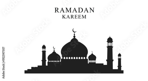 A stylized ramadan kareem greeting featuring a silhouetted mosque and crescent moon against a white background high quality