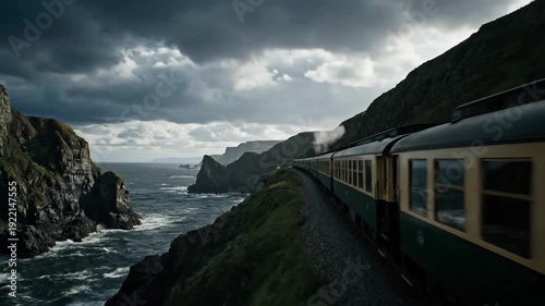  Train Traveling on Narrow Cliff Edge by Sea