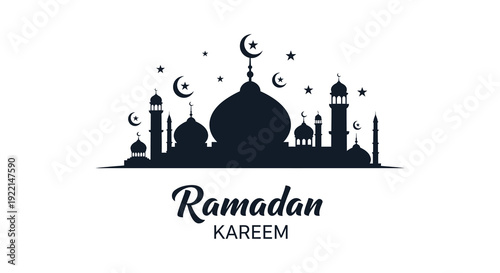 A striking black silhouette showcases a mosque skyline with crescent moons accompanied by the word ramadan kareem